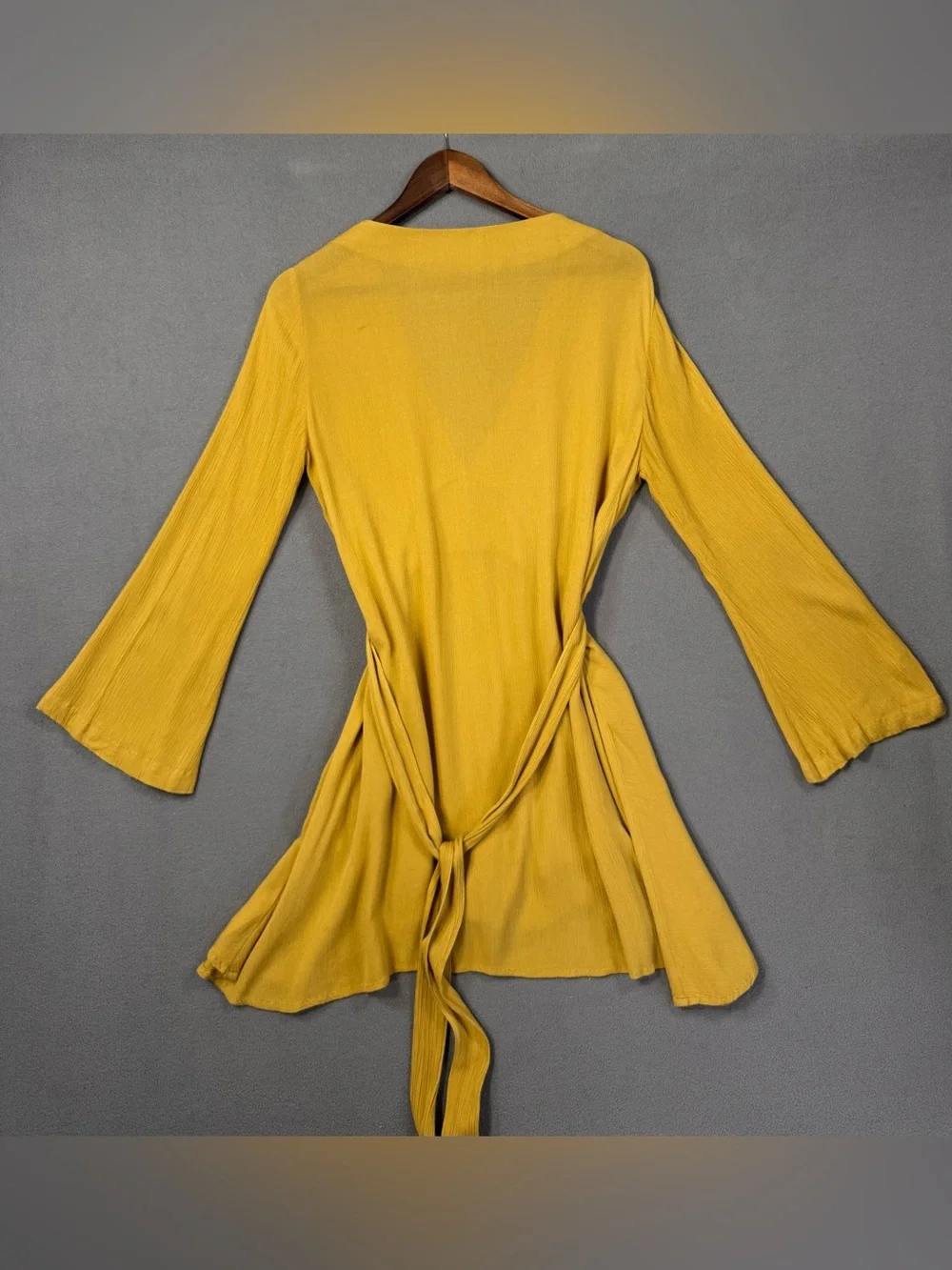 Free People Mustard Yellow V-Neck Flowy Tunic Dress with Waist Tie, XS